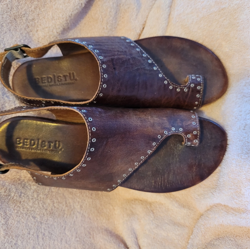 BED|STU Women's Sandals in Brown Leather with decorative studding, size 10.